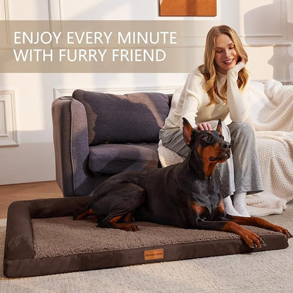 Patas Lague Orthopedic XL Dog Bed Large Sized Dog 48''X30'', Waterproof L Bolster Big Large Pet Sofa Beds with Removable Washable Cover, Soft Comfortable Pet Couch Crate Mat with Nonskid Bottom, Brown