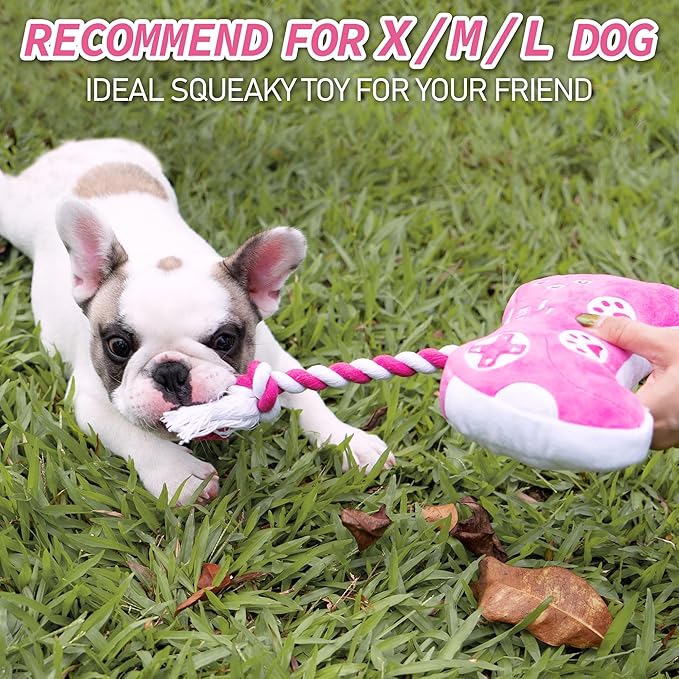 MTERSN Cute Dog Plush Toys : Squeaky Dog Toys with Crinkle Paper and Interactive Rope Toy for Tug of War - Game Controller Dogs Chew Toy with 3 Squeakers for Puppy, Small, Medium, Large Dogs (Pink)