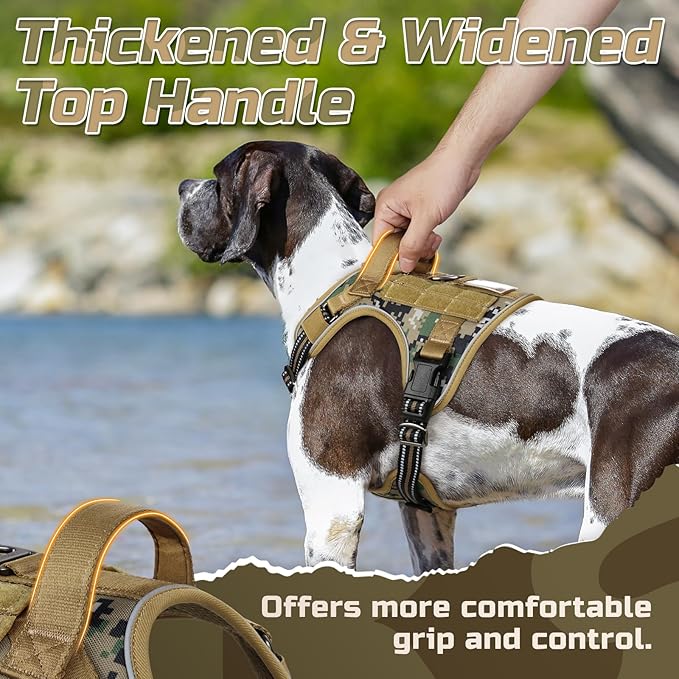rabbitgoo Tactical Dog Harness for Large Dogs, No Pull Military Service Vest with Handle & Molle, Easy Control for Training Walking, Adjustable Reflective Straps, Brown camo, L