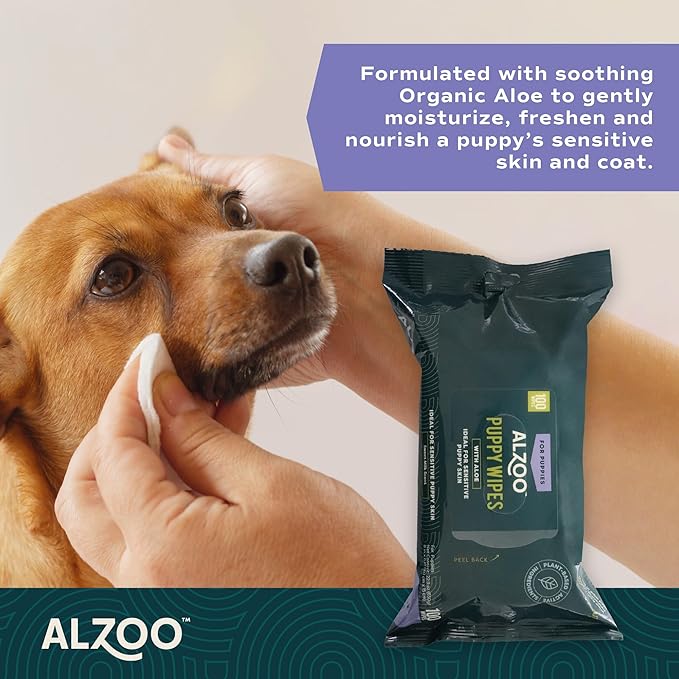 ALZOO Grooming Wipes for Puppies, 100% Plant-Based Active Ingredients, 100 Count