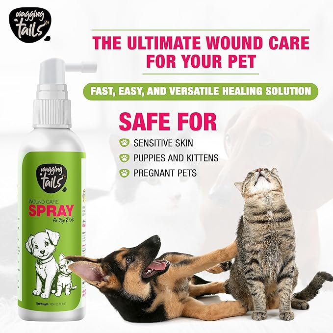 Wagging Tails Wound Care Spray - 3.38 fl oz | Active Nano Silver Cleanse & Heals - Cuts, Infections, Abrasions | Recovery Liquid for Dog & Cat of All Breeds | Gentle Antiseptic Soothes Inflammation