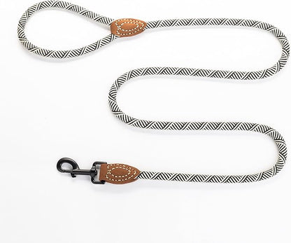 Mile High Life Rope Leash with Genuine Leather Connection, 6 FT/5 FT/4 FT, Heavy Duty Leash for Medium & Large Dogs (Black Beige, 72 Inch)