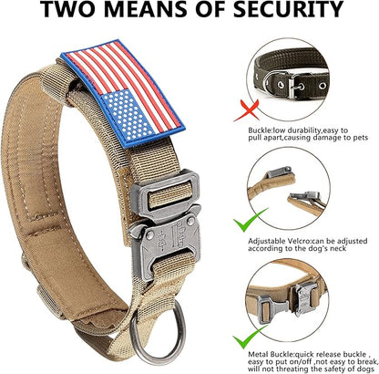 DAGANXI Tactical Dog Collar, Adjustable Military Training Nylon Dog Collar with Control Handle and Heavy Metal Buckle for Medium and Large Dogs, with Patches and Airtags Case (XL, Brown)