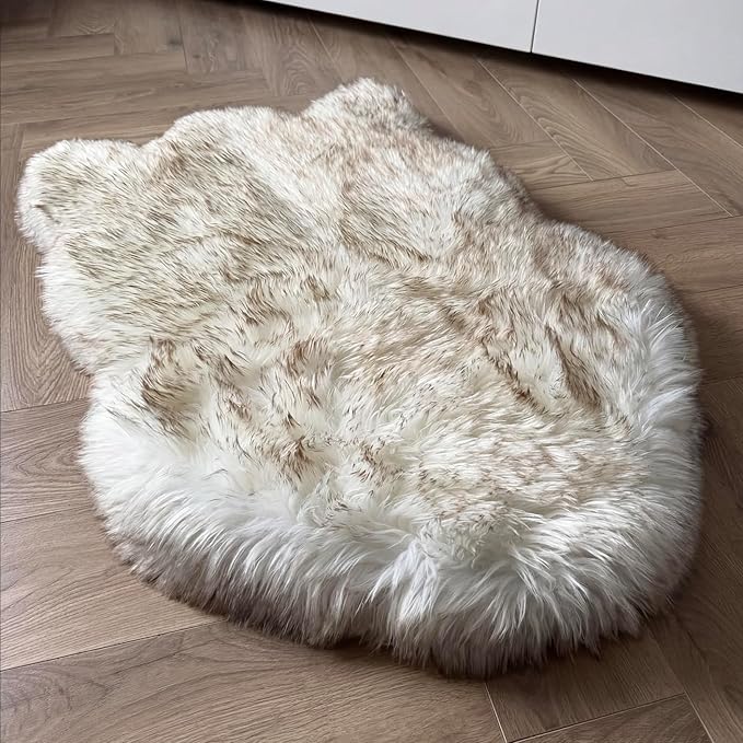 IHAPPYDOG Luxury Faux Fur Orthopedic Dog Bed, Memory Foam Dog Bed for Small, Medium, Large and XL Pets, Fluffy Pet Rug with Waterproof and Washable Cover (White w/Brown Tips, 40"x25")
