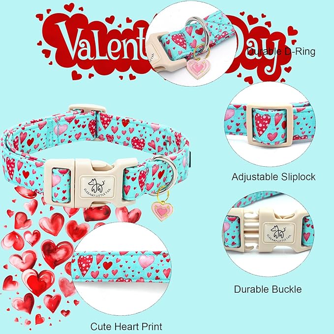 Elegant little tail Dog Collar, Pink Heart Dog Collar for Medium Dogs, Female or Male Adjustable Cotton Pet Collar with Quick Release Buckle for Small Medium Large Dogs