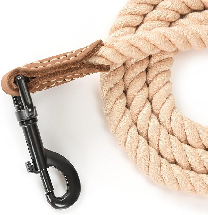 Mile High Life Dog Leash, Braided Cotton Rope Leashes with Leather Tip - Heavy Duty Metal Clasp, 6FT, 1/2" Thick - Wedding, Walking & Training Leash for Small Medium Large Dogs (Light Brown)