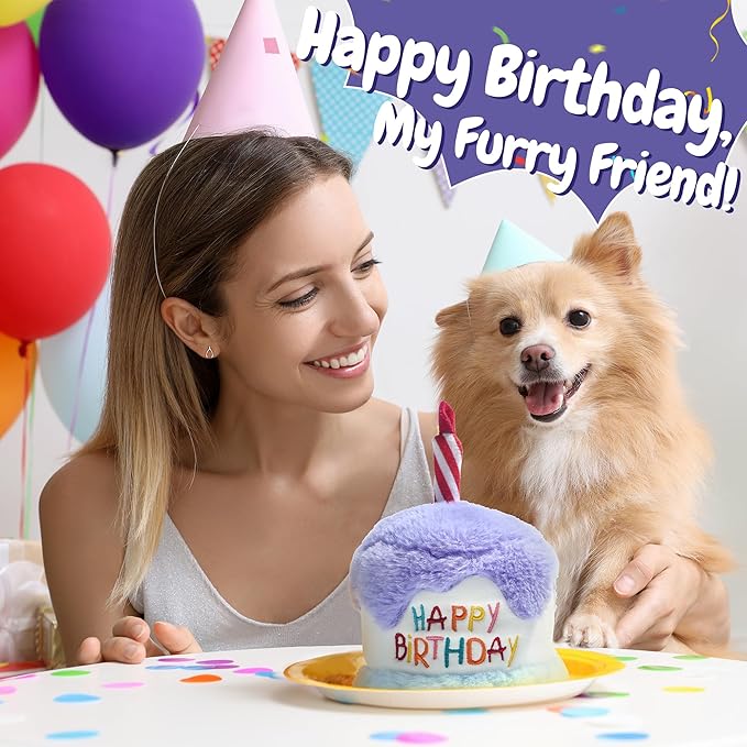 Fuzzwoof Dog Happy Birthday Cake Toy with Crinkle, Stuffed Plush Puppy Present for Birthday Party, Dog Toy for Small Medium