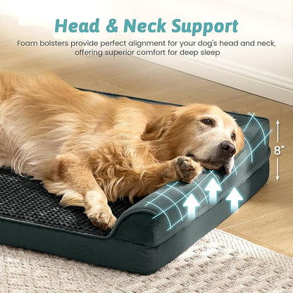 COZY KISS Dog Beds for Extra Large Dog, XXL Bolster Pet Couch with Waterproof Lining, Egg Crate Foam Sofa for Pets Up to 150 lbs, U-Shaped, 48x35x8 inch, Black