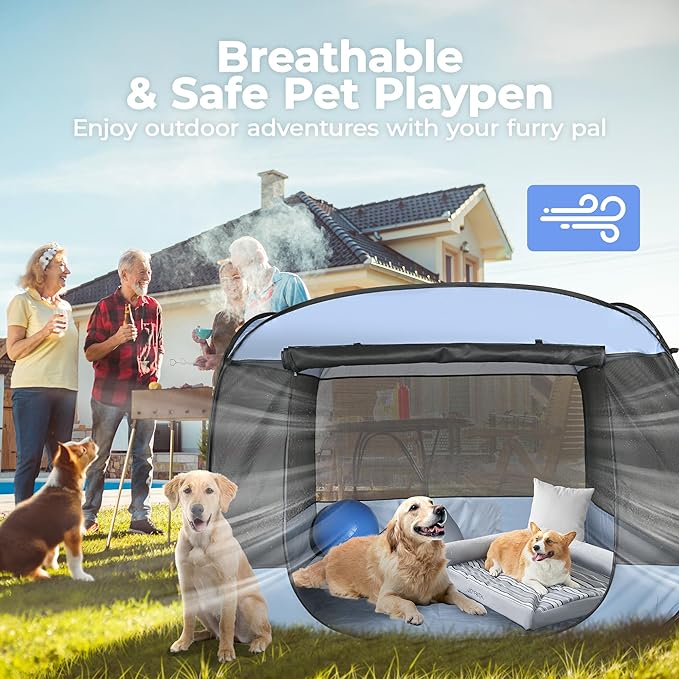 EighteenTek® XLarge Popup Portable Dog Houses 5.3'x4'H Assembly-Free Gazebo-Style Dog Cot Cat Playpen Screen Pet Tent Sun Shade Shelter Dog Bed with Canopy for Outdoor, Anti-Bugs with Leakproof Bottom