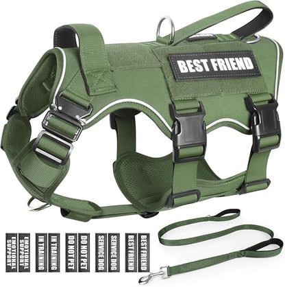 Service Dog in Training Vest and Leash Set with 10 Patches,Heavy Duty Tactical Dog Harness with Metal Buckles for Medium Sized Dogs,No Pull Easy Walking for Training Working Hiking,Green M
