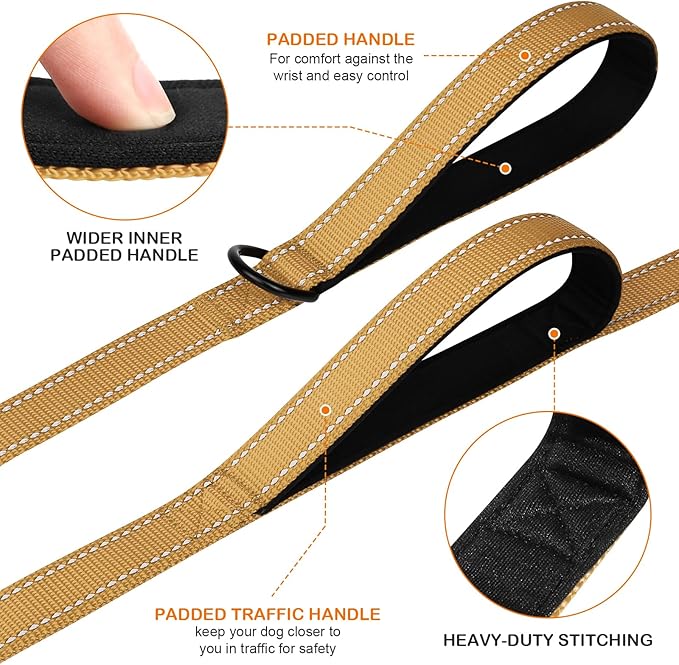 Joytale Dog Leash Heavy Duty for Large Dogs That Pull, Double Handle for Traffic Control, Double-Sided Reflective Leashes for Large Medium Dogs Night Safety, 6FT, Khaki
