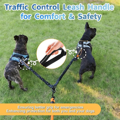 Double Dogs Leash - Removable Main Lead Rope with Splitter, No Tangle 2 Dog Coupler, Reflective No Pull Bungee, 3 Handle, D-Ring, Extra Long for Walk Train Medium Large Two Pet (Black)
