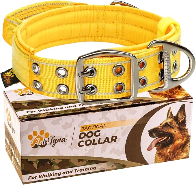 ADITYNA Heavy Duty Dog Collar for Medium Dogs - Reflective Yellow Collar with Handle for Training, and Walking - Wide, Thick, Tactical, Soft Neoprene Padded