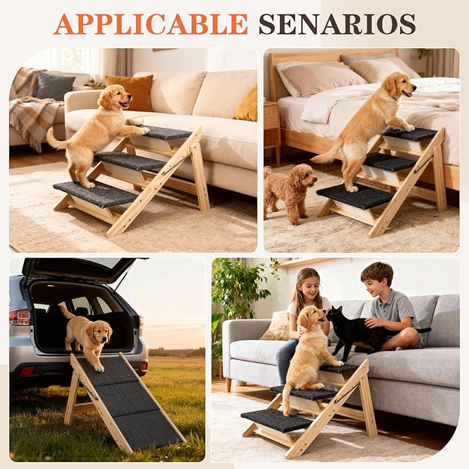 Dog Stairs/Steps, 2-in-1 Foldable Wooden Pet Stairs, Wood Frames and Non-Slip Carpet Suitable for High Beds, Car, Couch, Durable Wooden Dog Stairs for Small Medium and Large Dogs,3 Steps