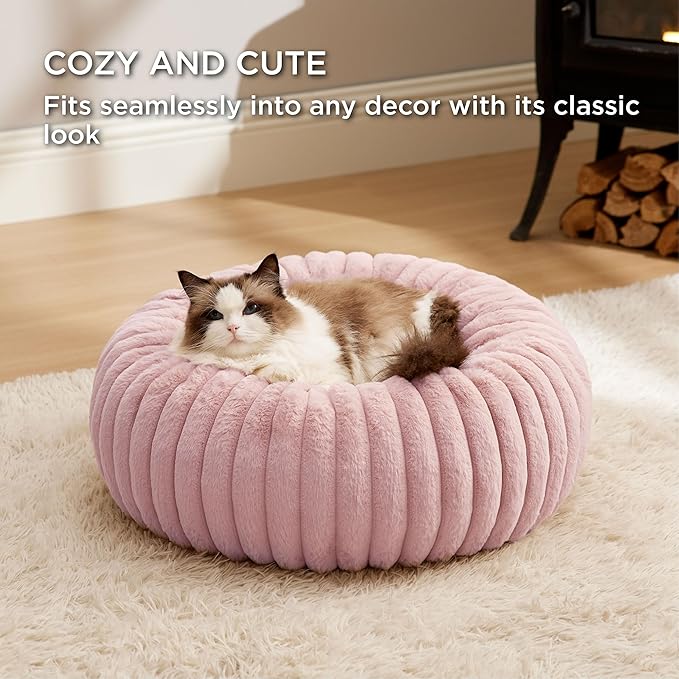 Bedsure ComfyFleece Cat beds for Indoor Cats - Donut Dog Beds for Small Dogs with Corduroy Fleece & Anti Slip Bottom, Faux Fur Pet Beds with Washable Removable Cover, Blush Pink, 20x20x6 inches
