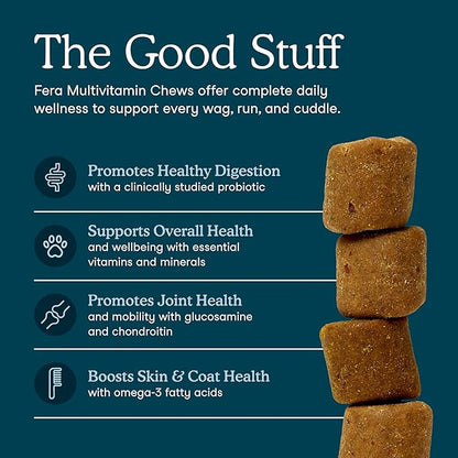 Fera Pets Dog Multivitamin Chews with Glucosamine and Probiotics - Essential Dog Vitamins & Minerals - Promotes Healthy Digestion & Joints - Boosts Skin & Coat Health with Omega-3s - 10 Soft Chews