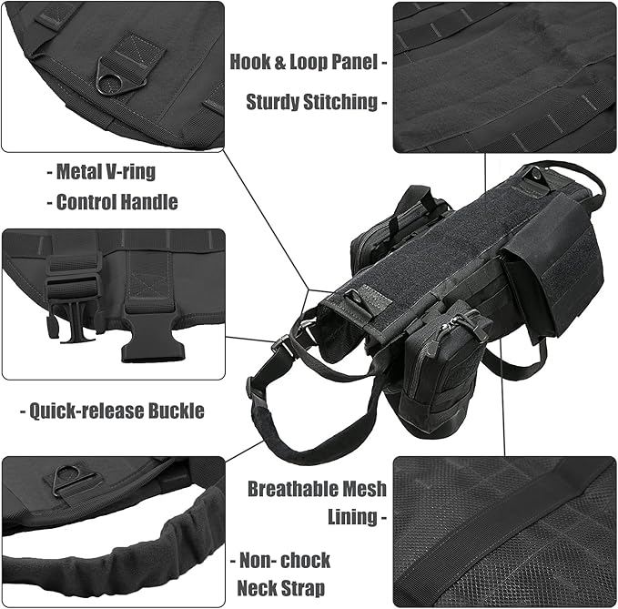 AIWAI Tactical Dog Harness with Pouches,Dog Vest Harness for Large Medium Dogs No-Pull Adjustable Military Dog Harness with Handle Walking Hiking Training (Black, M)