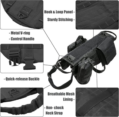 AIWAI Tactical Dog Harness with Pouches,Dog Vest Harness for Large Medium Dogs No-Pull Adjustable Military Dog Harness with Handle Walking Hiking Training (Black, M)