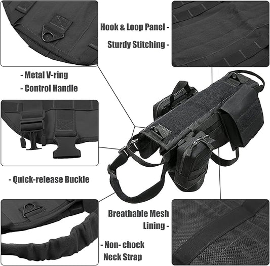 AIWAI Tactical Dog Harness with Pouches,Dog Vest Harness for Large Medium Dogs No-Pull Adjustable Military Dog Harness with Handle Walking Hiking Training (Black, XL)