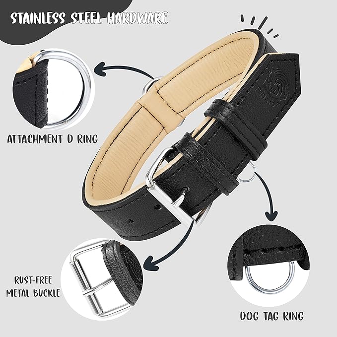 Riparo Black Dog Collar, Puppy Collar, Leather Dog Collar with Dog Tag Holder, Small Dog Collar for Small Dogs (S: 0.75” Wide for 10”-13.5” Neck, Black)