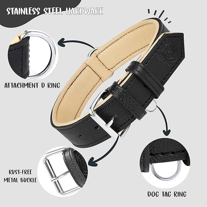 Riparo Black Dog Collar, Puppy Collar, Leather Dog Collar with Dog Tag Holder, Small Dog Collar for Small Dogs (S: 0.75” Wide for 10”-13.5” Neck, Black)