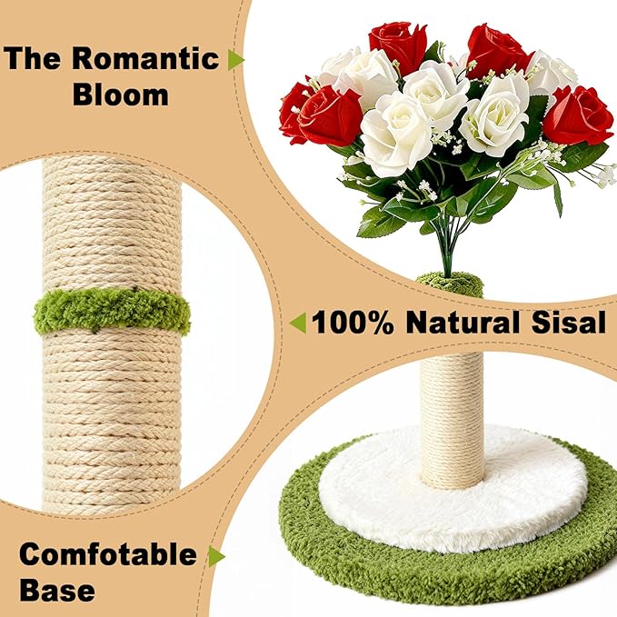 CWV Rose Flower Cat Scratching Post, Tall Cat Scratcher for Indoor Cats | Aesthetic Floral Decorative Scratching Post for Adult Cats & Kittens, S