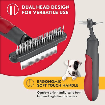 KONG Double-Sided Rake & Deshedding Tool – Detangling & Shedding Control, Rounded Metal Tips, Non-Slip Grip, for Medium to Large Dogs with Medium to Long Coats, Red/Gray