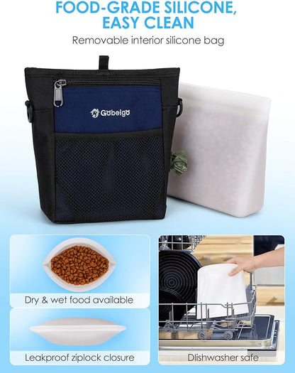 Gobeigo Dog Treat Pouch with Silicone Snack Bag, Front Pocket fits All Phones, 4 Cup Treat Bag with Training Clicker, Upgrade Stronger Magnetic Closure, 3 Ways to Wear Walking Fanny Pack (Navy Blue)