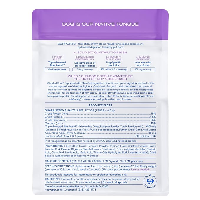Native Pet WonderGland - Dog Anal Gland Treatment Using Fiber for Dogs - Prevents Scooting for Dogs Anal Gland Supplement Including Dog Gut Health Probiotics for Anal Gland Support - 60 Scoops