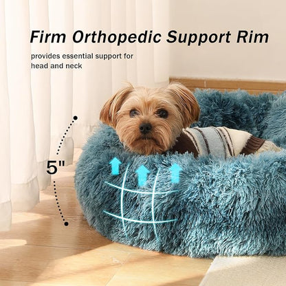 NOYAL Calming Donut Dog Bed for Small to Medium Dogs & Cats - Plush Faux Fur Anti-Anxiety Pet Bed with Machine Washable Cover & Non-Slip Base
