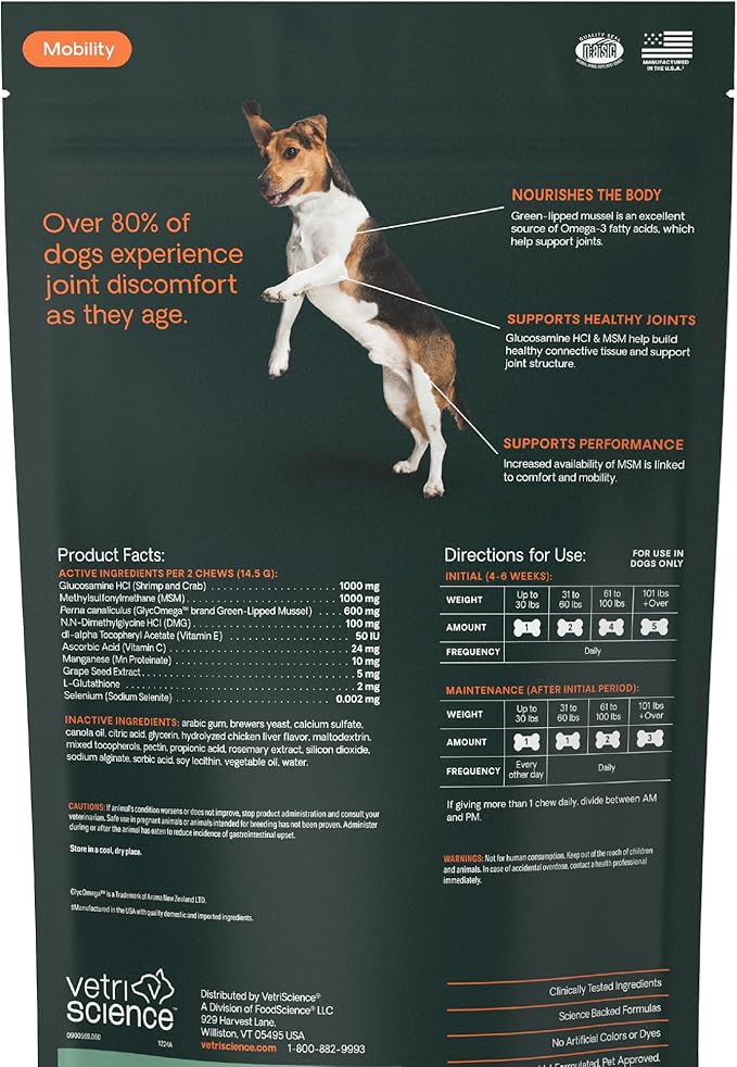 VetriScience Extra Strength Healthy Hip & Joint Chews, GlycoFlex Glucosamine and Green-Lipped Mussel Joint Support Supplement for Dogs, Promote Mobility & Soothe Joint Discomfort, Chicken, 60 Count