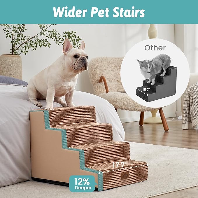 COZY KISS Dog Stairs for Small Dogs, 17.7" Extra Wide Right-Angle Pet Stairs for Couch and Beds, Anti-Slip Dog Steps for Old Cats and Lowrider, 17.7x23.6x17.7 inch,Light Brown