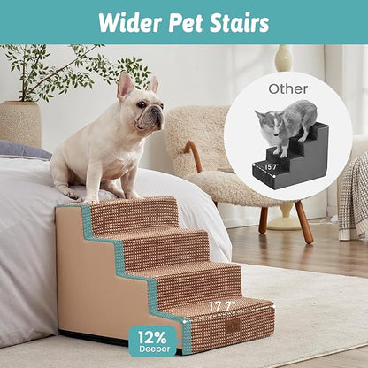 COZY KISS Dog Stairs for Small Dogs, 17.7" Extra Wide Right-Angle Pet Stairs for Couch and Beds, Anti-Slip Dog Steps for Old Cats and Lowrider, 17.7x23.6x17.7 inch,Light Brown