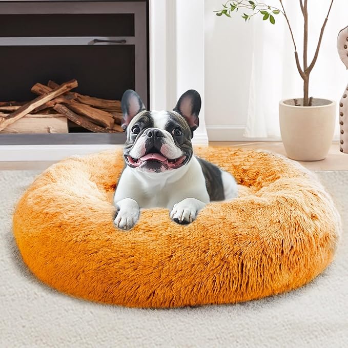 JOLLYVOGUE Calming Dog Bed Large Size Dog, Anti-Anxiety Donut Large Pet Bed, 36 inches Fluffy Faux Fur Round Cat Bed, Fits up to 75 lbs Pets (Orange)