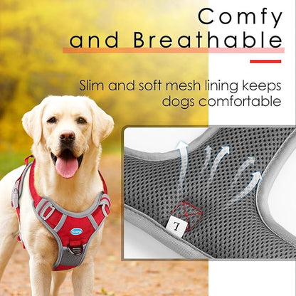 ThinkPet No Pull Harness Set Breathable Sport Harness with Handle - Reflective Padded Dog Safety Vest with Reflective Neon Dog Leash S Harness Leash Pack Red
