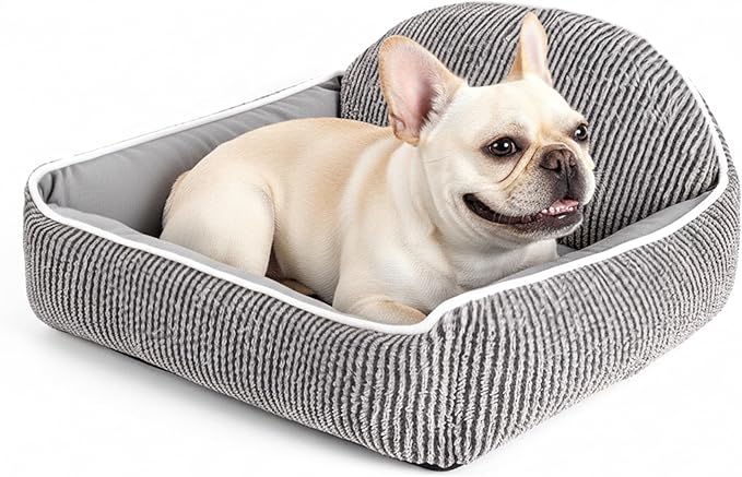 Striped Backrest Pet Sofa Bed | 30cm Semi-Circular Shell Backp Design | Suitable for 0-50lbs Cats, Dogs, Rabbits | Machine-Washable Plush Dog Bed (Dark Brown)