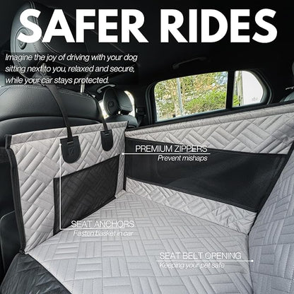 Premium Dog Car Seat & Back Seat – Waterproof & Non-Slip Travel Hammock with Storage Pockets | Secure & Comfortable Pet Seat Cover for Large & Medium Dogs – Fits Cars, SUVs & Trucks (Gray)
