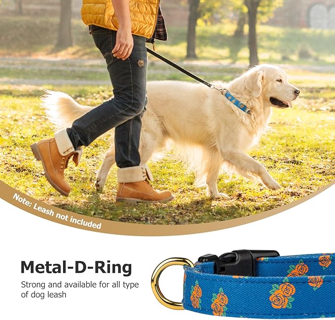 Cotton Handmade Dog Collar Cute and Distinctive Patterns Blue Rose with Pendant for Girl Boy Dogs Collars M