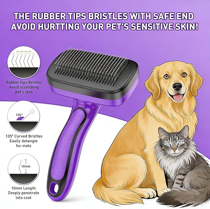 WOPQAEM Self Cleaning Slicker Brush for Dog, Cat, Skin Friendly Shedding & Grooming Tool for Long and Short Haired Pets, Easy Clean Retractable Bristles, Purple