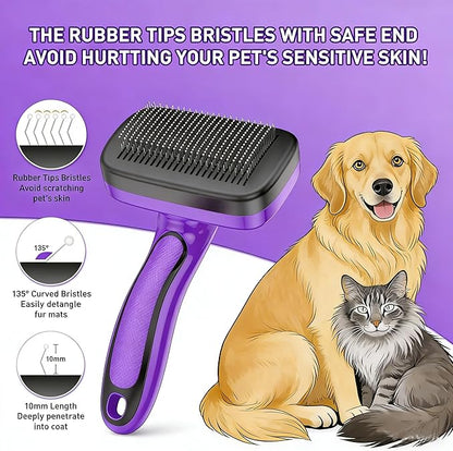 WOPQAEM Self Cleaning Slicker Brush for Dog, Cat, Skin Friendly Shedding & Grooming Tool for Long and Short Haired Pets, Easy Clean Retractable Bristles, Purple