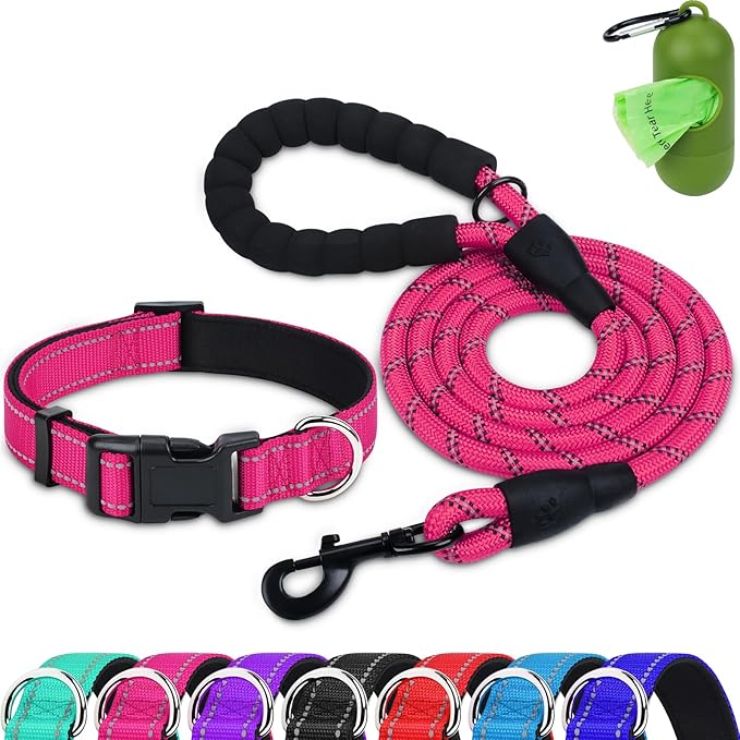 Dynmeow Reflective Dog Collar and Leash Set, 6FT Strong Climbing Rope Leash with Padded Handle, Adjustable Pet Collar with Soft Neoprene Padding for Puppy Small Dogs, Hot-Pink, Xs