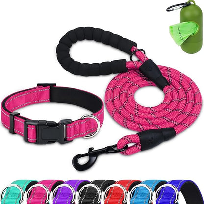 Dynmeow Reflective Dog Collar and Leash Set, 6FT Strong Climbing Rope Leash with Padded Handle, Adjustable Pet Collar with Soft Neoprene Padding for Puppy Small Dogs, Hot-Pink, Xs