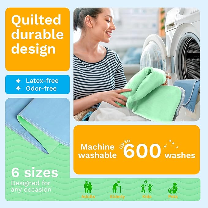 GREEN LIFESTYLE® Washable Underpads - Heavy Absorbency Reusable Bedwetting Incontinence Pads for Kids, Adults, Elderly, and Pets for Bed, Sofa, Couch, Floor (Pack of 10 - 34x36)
