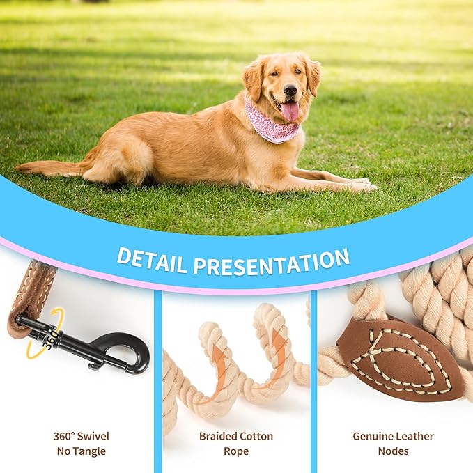 Mile High Life Short Dog Leash, Braided Cotton Rope Leashes with Leather Tip - Heavy Duty Metal Clasp, 18IN, 1/2" Thick - Wedding, Walking & Training Leash for Medium Large Dogs