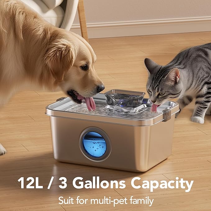 PETIMI Dog Water Fountain, 3 Gallons Stainless Steel Dog & Cat Water Fountain, Large Pet Water Fountain for Multiple Pets, Ultra Silent, Wide Mouth, Safety Lock, 3 Filters Included, Smart Water Pump