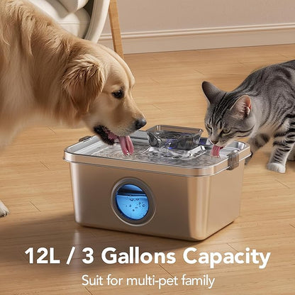 PETIMI Dog Water Fountain, 3 Gallons Stainless Steel Dog & Cat Water Fountain, Large Pet Water Fountain for Multiple Pets, Ultra Silent, Wide Mouth, Safety Lock, 3 Filters Included, Smart Water Pump