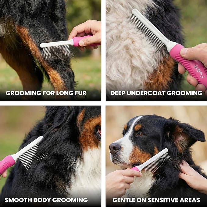 Poodle Pet Detangling Pet Comb with Long & Short Stainless Steel Teeth for Removing Matted Fur, Knots & Tangles – Detangler Tool Accessories for Safe & Gentle DIY Dog & Cat Grooming (Pink)