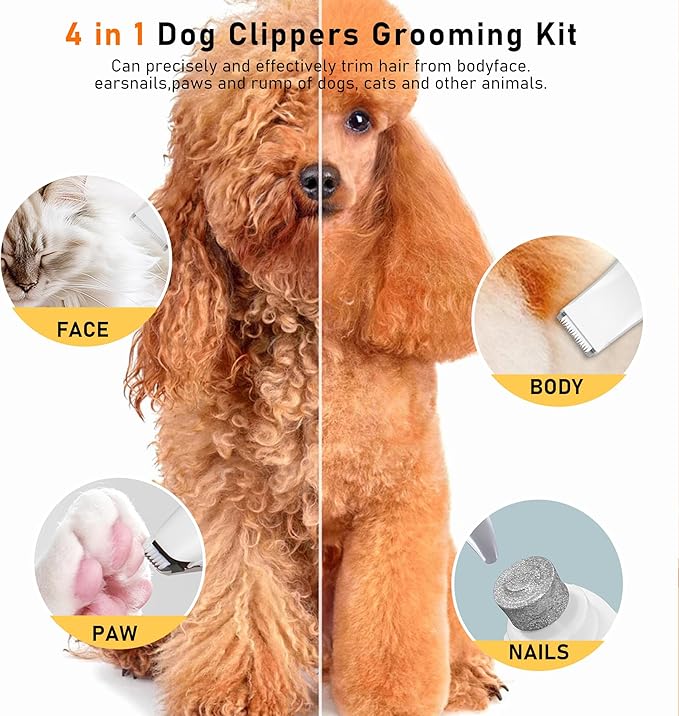 JIUWIIL Dog Clippers for Grooming, 4 in 1 Dog Grooming Kit Hair Clipper with LCD Display, Dog Trimmer for Grooming, Dog Hair Trimmer for Paw Nail Grinder,Shaver Grooming Supplies for Pet Cats Dogs