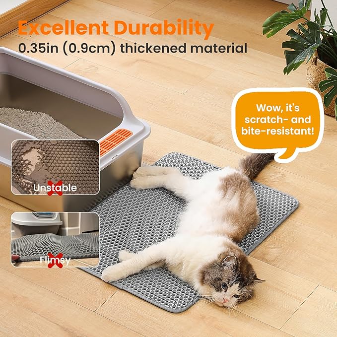 Petinstinct Cat Litter Mat, 24x18 Inches Large Double Layer Honeycomb Cat Litter Trapping Mat, Non Slip Waterproof Urine Proof Cat Litter Box Mat for Floor, Kitty Litter Rug, Cat Supplies, Gray