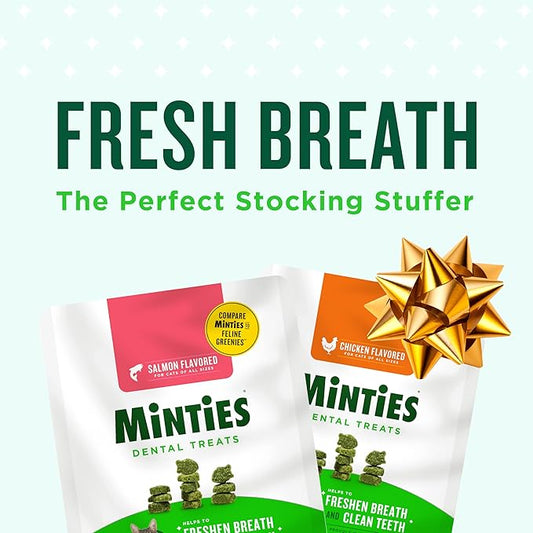 Minties Dental Treats for Cats, Salmon Flavored Treats for Cats, Freshens Breath and Controls Tartar, 30oz (12 2.5oz Bags)